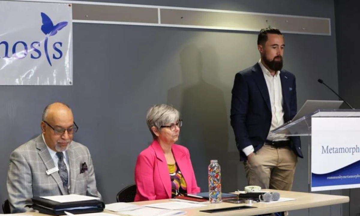 Metamorphosis Network leadership team members Gurpreet Malhotra (left) and Sharon Mayne joined Bluebrint ADE Principle Associate Thomas McManus (right) for a news conference in Brampton on Thursday (May 23) to present the findings of a study showing massive provincial funding gaps for social services in Peel Region.