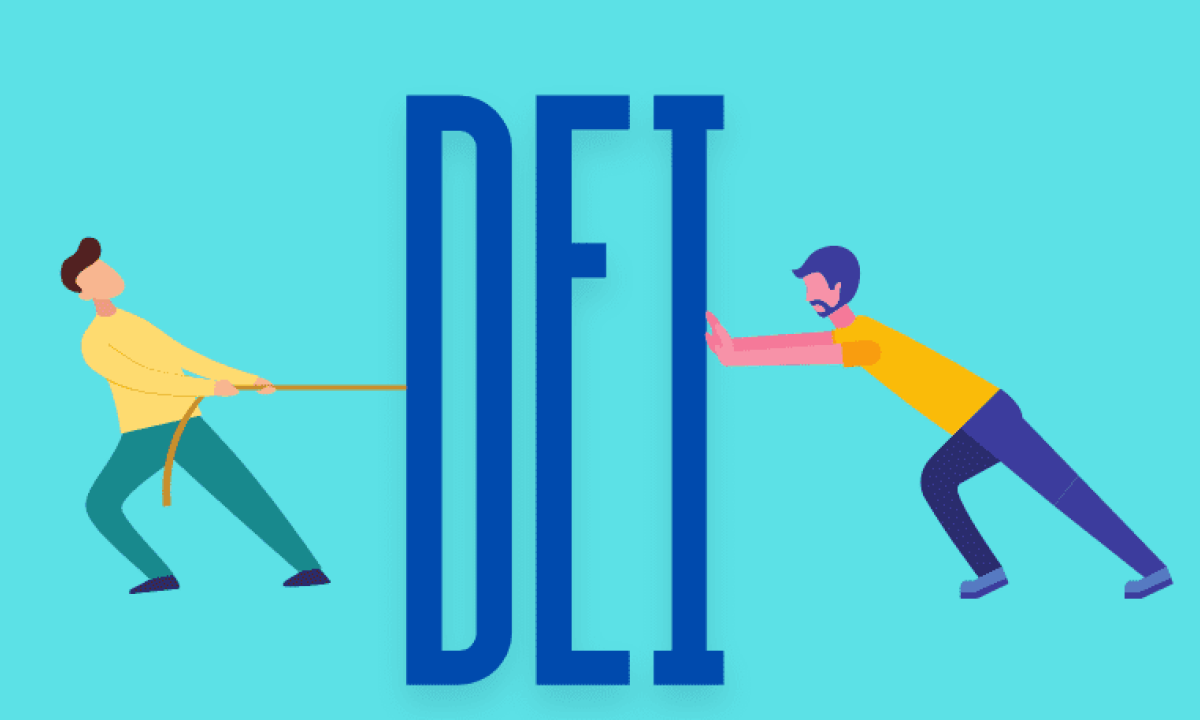 An illustration features two people interacting with the bold, capitalized letters "DEI".The image visually represents tension or struggle around DEI concepts.