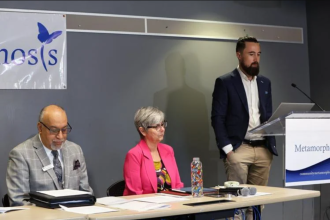 Metamorphosis Network leadership team members Gurpreet Malhotra (left) and Sharon Mayne joined Bluebrint ADE Principle Associate Thomas McManus (right) for a news conference in Brampton on Thursday (May 23) to present the findings of a study showing massive provincial funding gaps for social services in Peel Region.