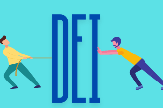 An illustration features two people interacting with the bold, capitalized letters "DEI".The image visually represents tension or struggle around DEI concepts.