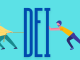 An illustration features two people interacting with the bold, capitalized letters "DEI".The image visually represents tension or struggle around DEI concepts.